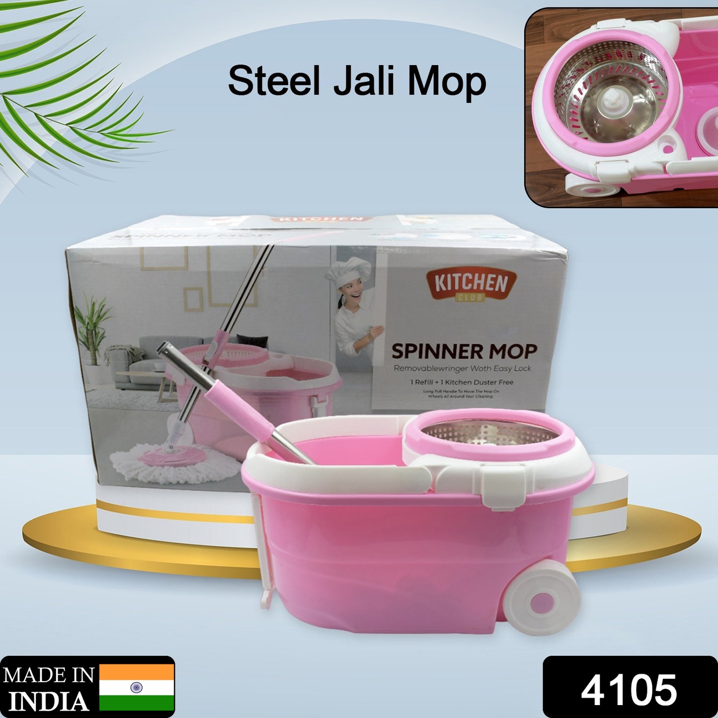 4105 Mop With Bucket For Floor Cleaning With Steel Spin Mop For Floor Cleaning Floor Cleaner Mop Spin Mop Magic Mop Mop Stick Spin Mop Set With Bucket Household Office Cleaning Tool Mop