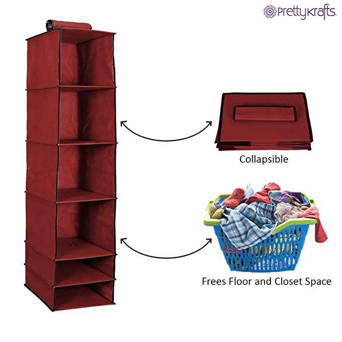 6-Shelf Foldable Hanging Wardrobe Organizer – Maroon