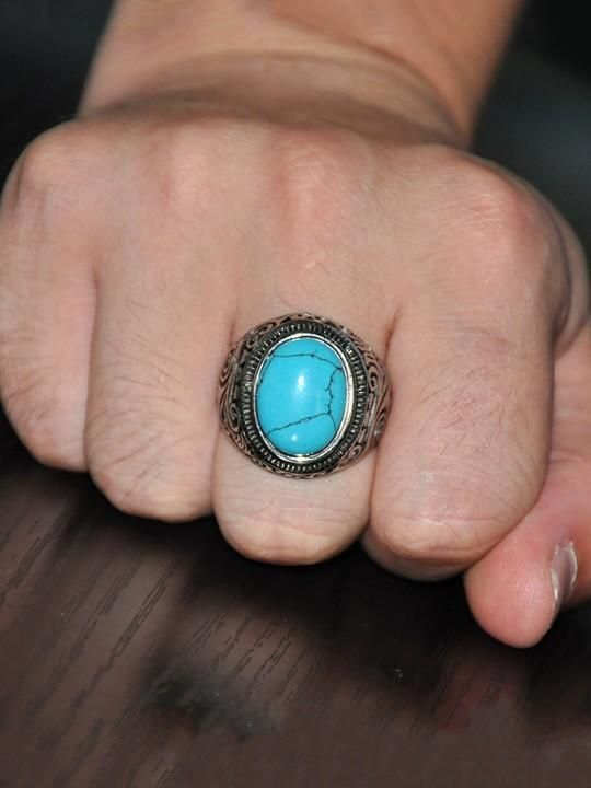 FairDealWorldShop Men Silver-Plated Blue Stone Studded Oxidized Ring