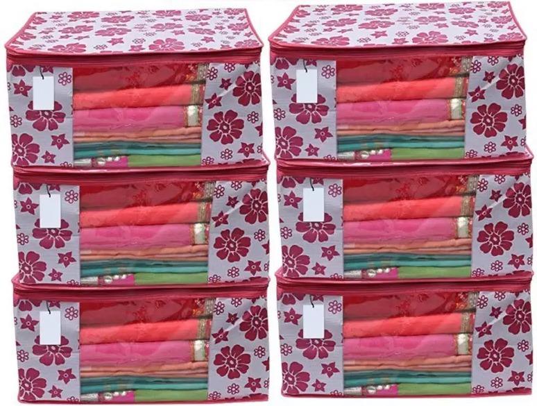 FairDealWorldShop Polka Pink Flower Design Pack Of 6 Non Woven Fabric Saree Cover/ Clothes Small Travel Bag