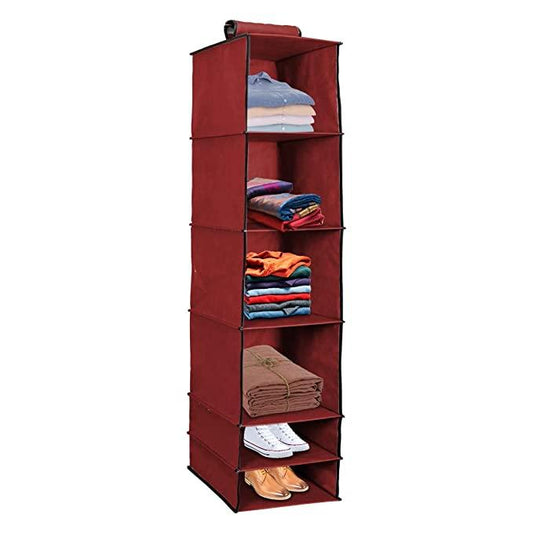 6-Shelf Foldable Hanging Wardrobe Organizer – Maroon