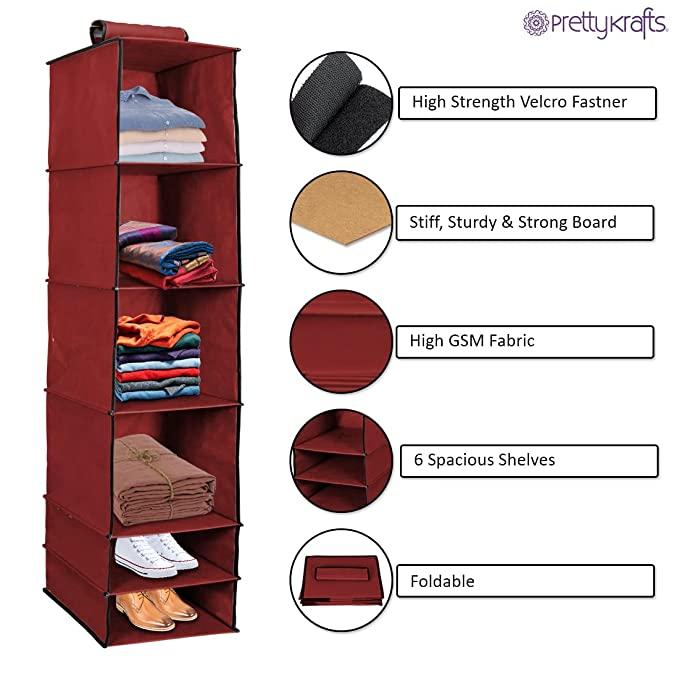6-Shelf Foldable Hanging Wardrobe Organizer – Maroon