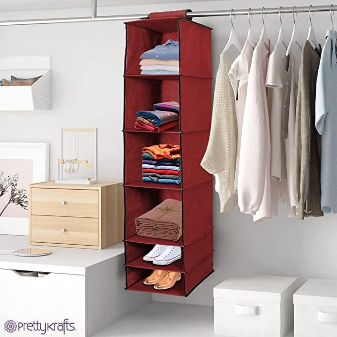 FairDealWorldShop Organizer- 6 Shelves Foldable Hanging Wardrobe Organizers, maroon