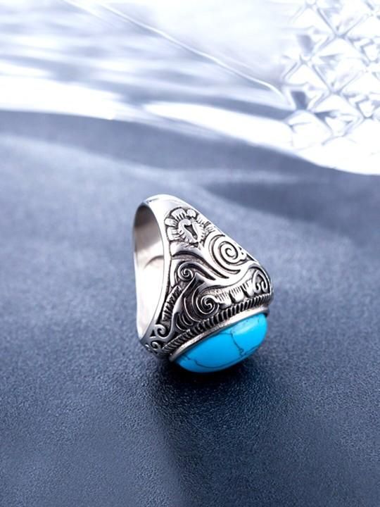 FairDealWorldShop Men Silver-Plated Blue Stone Studded Oxidized Ring