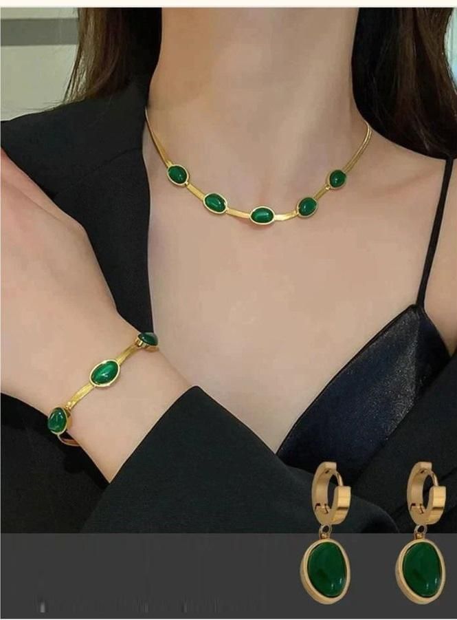 FairDealWorldShop Oval Green Crystal Pendant Necklace Set With Bracelet