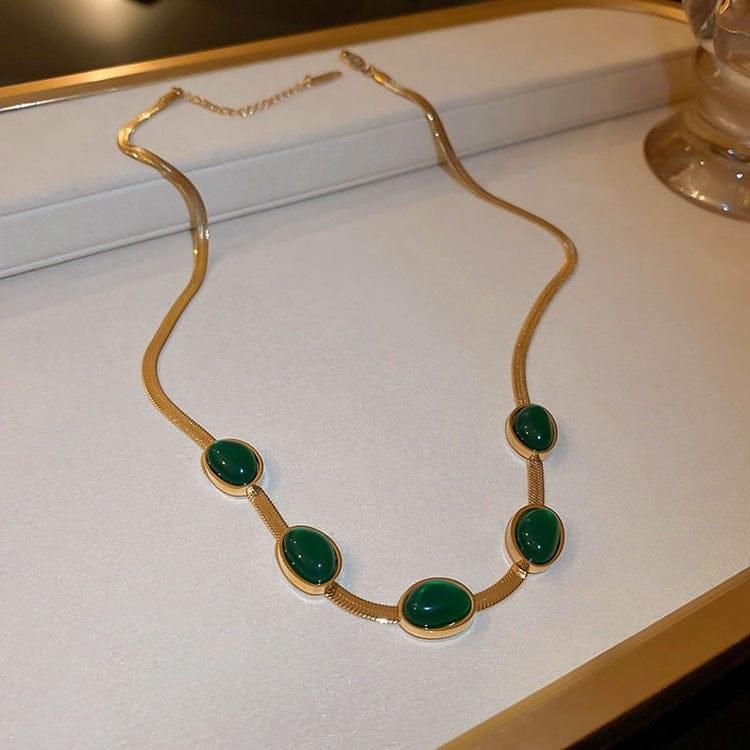 Oval Green Crystal Pendant Necklace and Bracelet Set