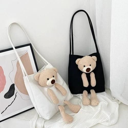 Cute Kawaii Shoulder Tote Bag with Teddy Bear Charm