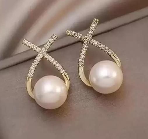 Korean Style Studded Cross Pearl Earrings