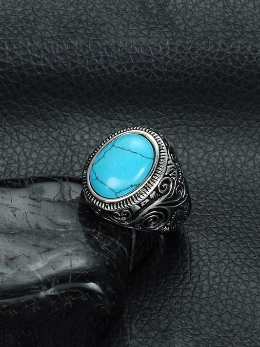 FairDealWorldShop Men Silver-Plated Blue Stone Studded Oxidized Ring