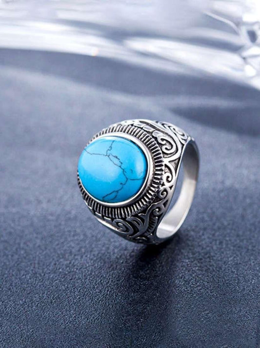 FairDealWorldShop Men Silver-Plated Blue Stone Studded Oxidized Ring