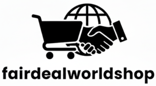 Logo of fairdealworldshop which is best online shopping site, with a shopping cart, handshake, and globe icon.